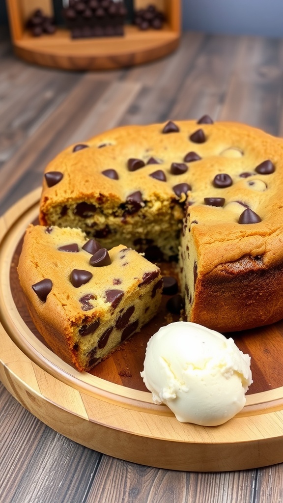 Chocolate chip cookie cake on a wooden platter, with slices cut and a scoop of ice cream nearby.